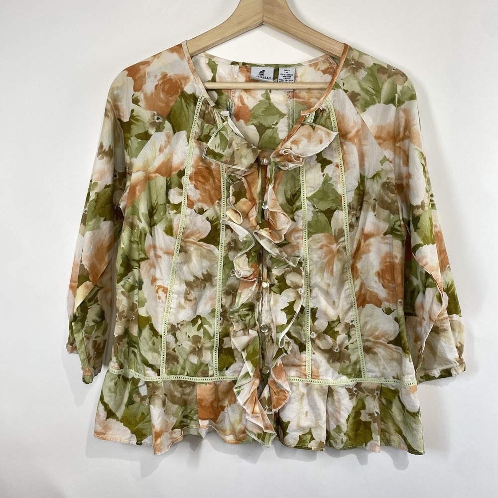 Caribbean Joe Floral Boho Fairy Romantic Ruffle Blouse Top Size Petite M Cotton
